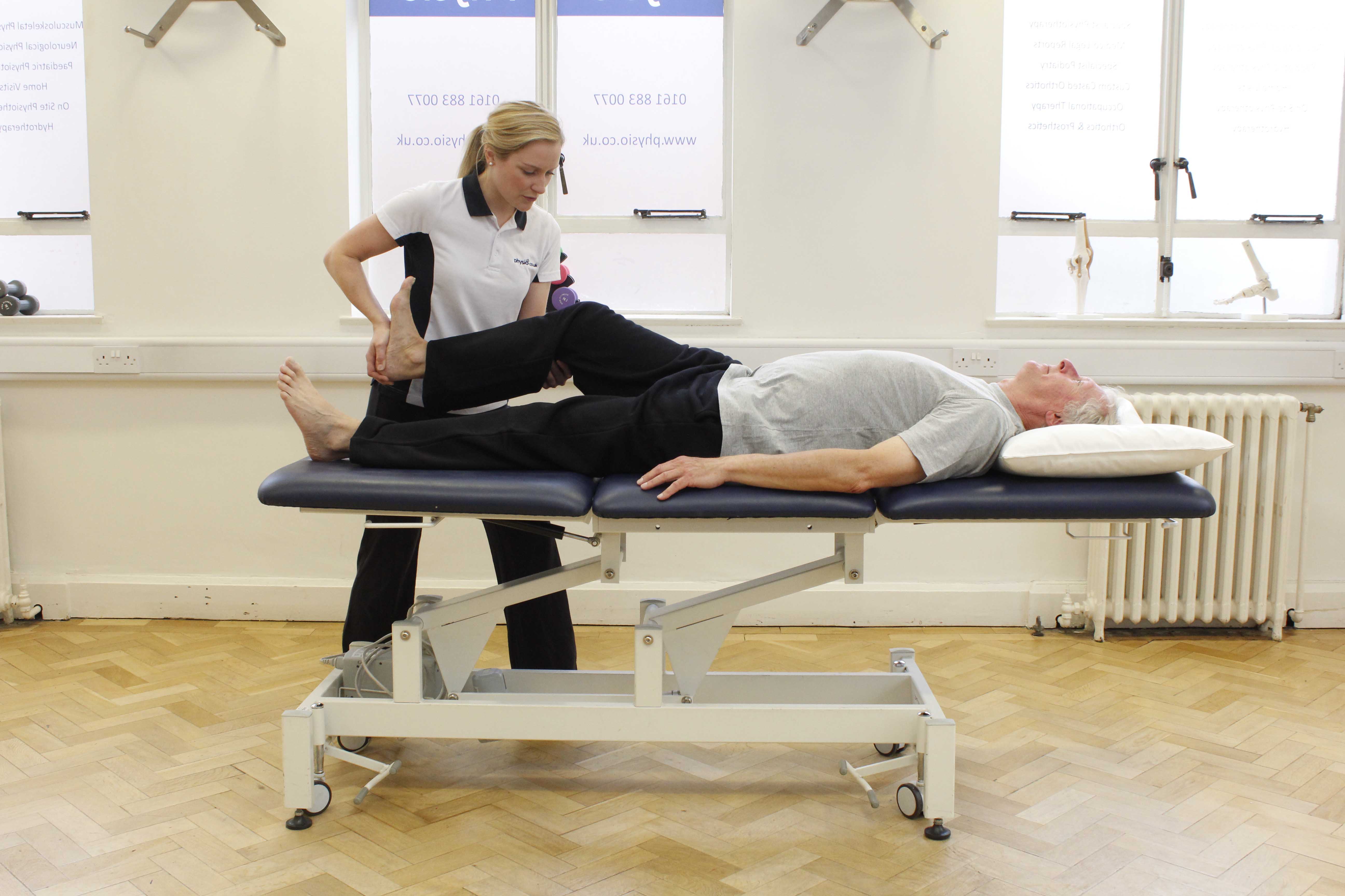 Moblisations and stretches of the hip, knee and ankle by an experienced physiotherapist